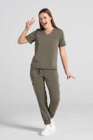 Spodnie medyczne joggery damskie - Merit - Olive melange - KangooSoft Premium