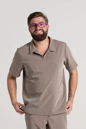 Bluza medyczna męska typu polo - Hipokrates - Brown melange - KangooSoft Premium