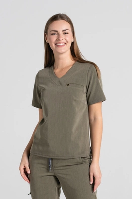 Krótka bluza medyczna damska Florence - Olive melange - KangooSoft Premium