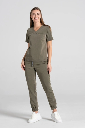 Spodnie medyczne joggery damskie - Merit - Olive melange - KangooSoft Premium