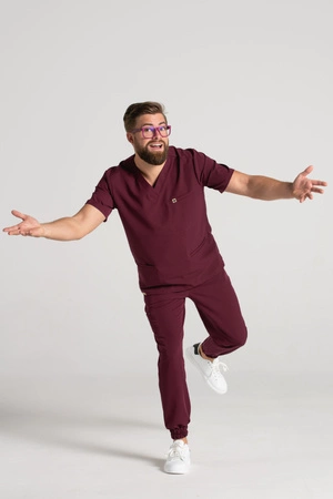 Bluza medyczna męska typu polo - Hipokrates - Cranberry - KangooSoft Premium