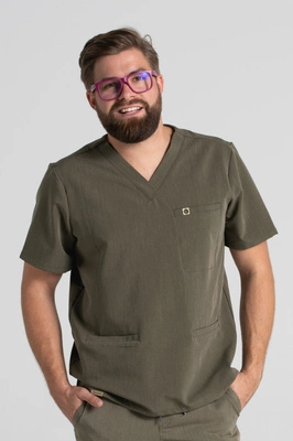 Bluza medyczna męska - Sokrates - Olive melange - KangooSoft Premium