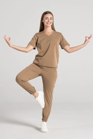 Krótka bluza medyczna damska Florence - Caramel - KangooSoft Premium