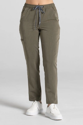 Spodnie medyczne proste damskie - Merit - Olive melange - KangooSoft Premium