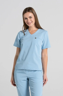 Krótka bluza medyczna damska Florence - Baby blue - KangooSoft Premium