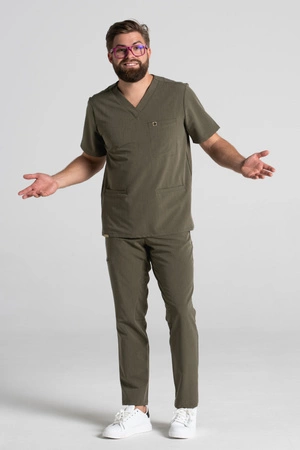 Spodnie medyczne proste męskie - Sokrates - Olive melange - KangooSoft Premium