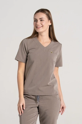 Krótka bluza medyczna damska Florence - Brown melange - KangooSoft Premium