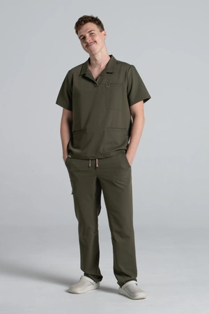 Bluza medyczna męska typu polo - Hipokrates - Tuscan moss - KangooSoft Premium